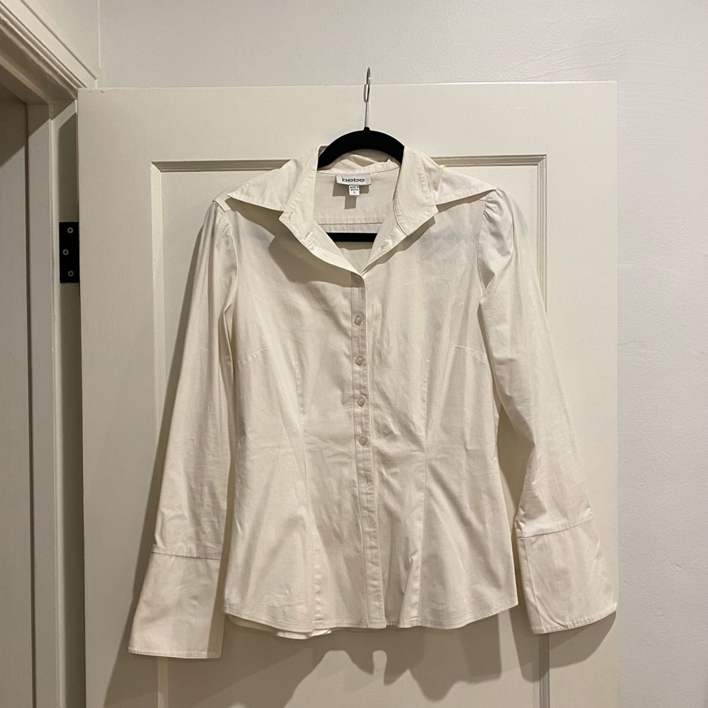 Bebe White Button Down Blouse With Stretch, Large - image 1